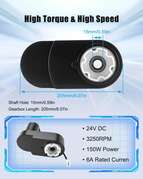 Beefy 24V Brushless Motor Gearbox For Kids Ride On Cars, 3250 RPM 150W Replacement, shown with dimensions and specifications