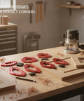 Slick 7 Piece Aluminum Corner Radius Template Set For Clean Router Edge Guiding and No Sweat Cabinet Door Rounding Kit with Dead On Precision Arc Layout Jig For Weekend Warriors and Pros displayed on wood table.