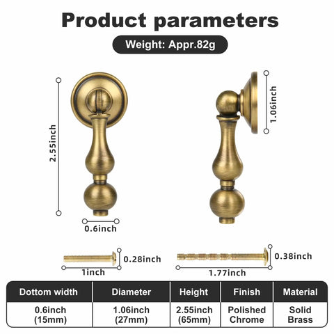 Antique Brass Cabinet Drop Pulls 6 Pack Solid Brass Dresser Drawer Knobs with backplates dimensions and specifications
