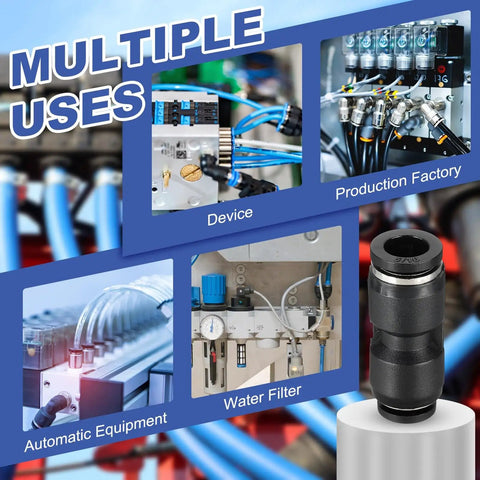 Push To Connect Fittings Reducing 5/16 Inch To 1/4 Inch Tube OD Quick Connector shown in various applications.