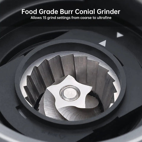 Close-up of the food grade burr conical grinder in the Game Changer Espresso Maker With Adjustable Built In Grinder And Auto Milk Frother.