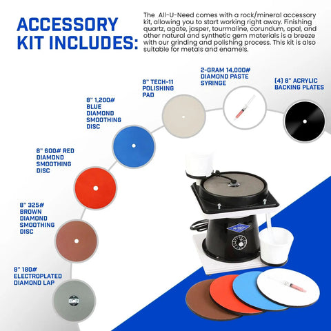 AllUNeed 8 Inch Lapidary Polisher And Cabbing Machine For Rocks And Minerals Flat Lap Gemstone Shaper Stone Grinder Tools Polishing Gear 115V Only For Hobbyists And Pros with accessory kit including diamond smoothing discs and polishing pad