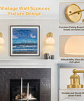 BELVM Vintage Milk Glass Wall Sconce Set of 2 - Gold Bathroom Wall Lights with ribbed glass shades and brass finish