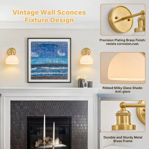 BELVM Vintage Milk Glass Wall Sconce Set of 2 - Gold Bathroom Wall Lights with ribbed glass shades and brass finish