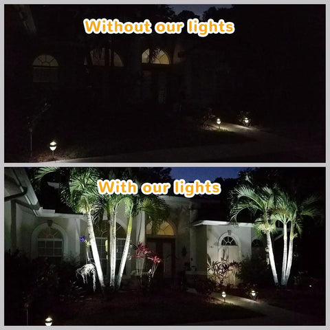 Comparison of a dark yard without lights and illuminated garden using Sun-Powered Outdoor Spotlight Set No-Fuss 2-Pack 2-In-1 Solar Path Lights