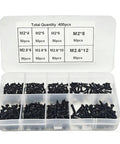 400 Piece M2 And M2.6 Black Self Tapping Truss Head Screw Assortment Kit With Phillips Drive in a clear storage case.