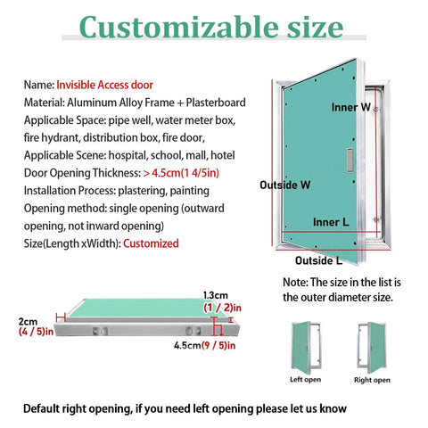 No Sweat Installation Paintable Concealed Access Panel For Drywall Walls And Ceilings Featuring Spring Loaded Pop Out Mechanism dimensions and details