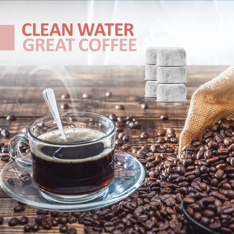 Glass cup of coffee with steam next to coffee beans and 12 Pack Replacement Charcoal Water Filters For Single Serve Coffee Makers