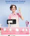 Woman using 3-Axis Smartphone Gimbal Stabilizer With AI Tracking And Fill Light for gesture control while filming with iPhone.