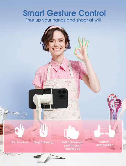 Woman using 3-Axis Smartphone Gimbal Stabilizer With AI Tracking And Fill Light for gesture control while filming with iPhone.