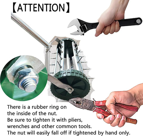 Heavy Duty Rolling Lawn Aerator With 1.4 Inch Spikes And 57 Inch Steel Handle, Push Spike Aerator for tightening nut with tools