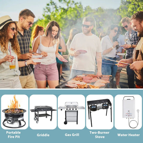Group cooking at outdoor BBQ with Six Foot Stainless Steel Braided Propane Regulator With Hose For Blackstone 28 And 36 Inch Griddles Weber Grills Patio Heaters And Fire Pits The Go To Universal Gas Grill Regulator Replacement Part