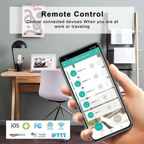 Zigbee Smart Power Strip Surge Protector With Fast Charging And Four Independently Switched Outlets Syncs With Alexa Google Home Philips Hue Black Slick Hub, remote control interface displayed on smartphone.