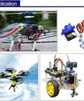 SG90 Micro Servo Motors Pack 10 for Arduino RC projects and robotic arms shown in helicopter, drone, and robot applications.