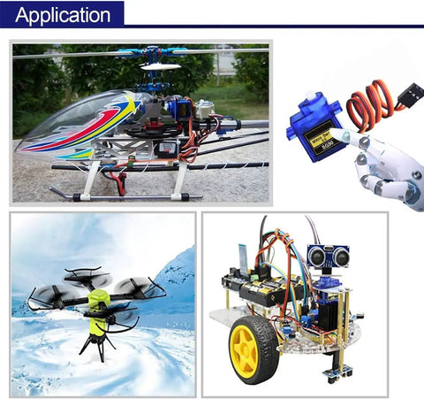 SG90 Micro Servo Motors Pack 10 for Arduino RC projects and robotic arms shown in helicopter, drone, and robot applications.