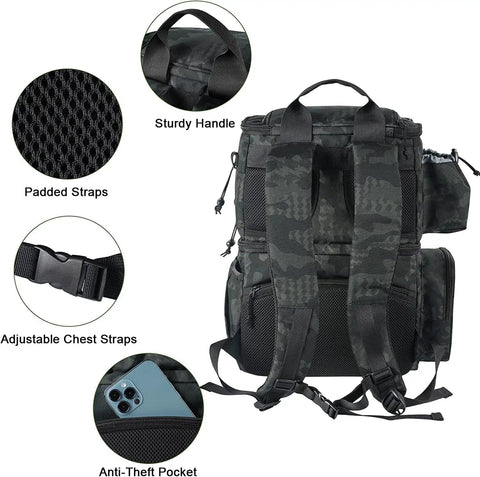 Back view of Water Resistant Fishing Backpack with Cooler, rod holders, padded straps, and anti-theft pocket for anglers.