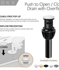 Push to open/close drain with overflow, available finishes, easy installation illustration.