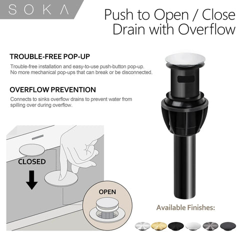 Push to open/close drain with overflow, available finishes, easy installation illustration.