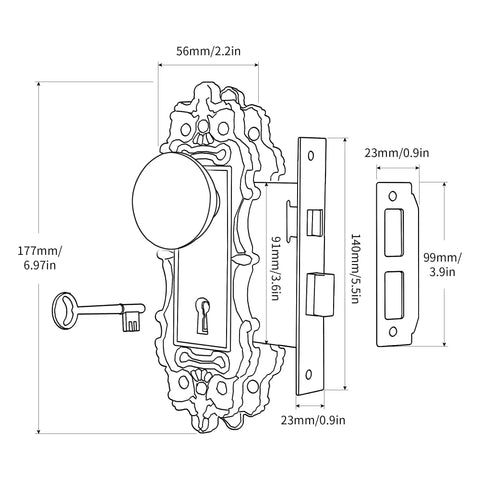 Antique Brass Mortise Lock Set For Interior Doors With Vintage Door Knob And Skeleton Key Old School Lock Replacement Retro Hardware For Classic Home Renovations with dimensions.