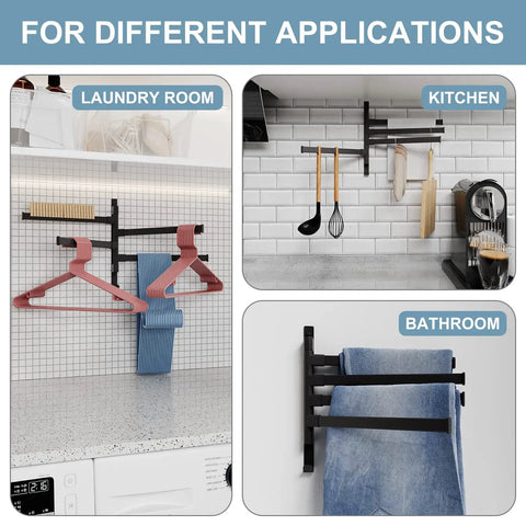 Swivel Wall Mounted Towel Rack With Four Rotating Arms Black Rustproof Towel Bar For Bathroom 180 Degree Rotation Thirteen Inch shown in laundry, kitchen, and bathroom settings