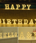 Must Have Light Up Letters Marquee Signs for Wedding Party and Home Decor, "HAPPY BIRTHDAY" and "HELLO A & Y" signs displayed.