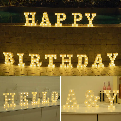 Must Have Light Up Letters Marquee Signs for Wedding Party and Home Decor, "HAPPY BIRTHDAY" and "HELLO A & Y" signs displayed.