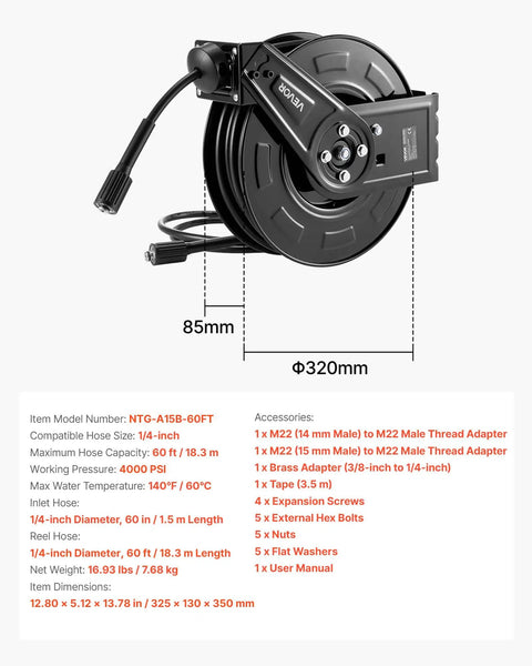 Heavy Duty Pressure Washer Hose Reel 60 Feet By One Quarter Inch Auto Rewind Steel Wall Mount For Car Wash Garden And Floor Cleaning 4000 PSI Max Smooth Retractable Hose Reel With Tangle Free Operation, showing measurements and accessories.