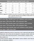 Men's vest size chart with dimensions for M to XXXL, featuring information on silver fiber composition for anti-radiation clothing.