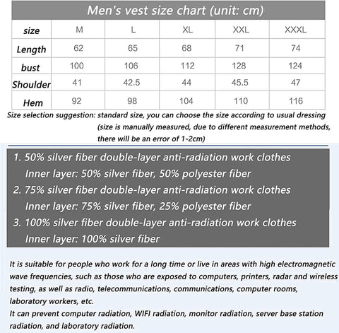Men's vest size chart with dimensions for M to XXXL, featuring information on silver fiber composition for anti-radiation clothing.