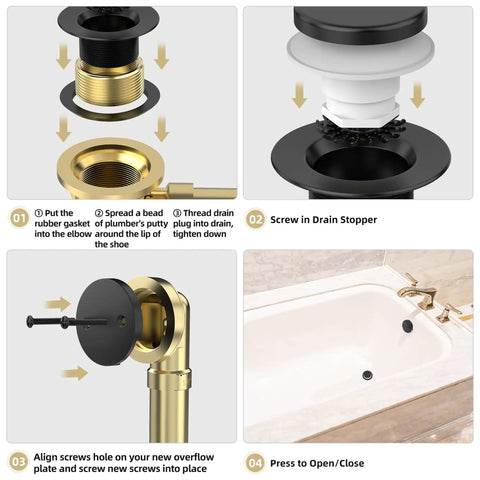 Step-by-step assembly guide for High End Matte Black Tip Toe Bathtub Drain Kit With Snap On Hair Catcher And No Sweat Leak Proof Design.