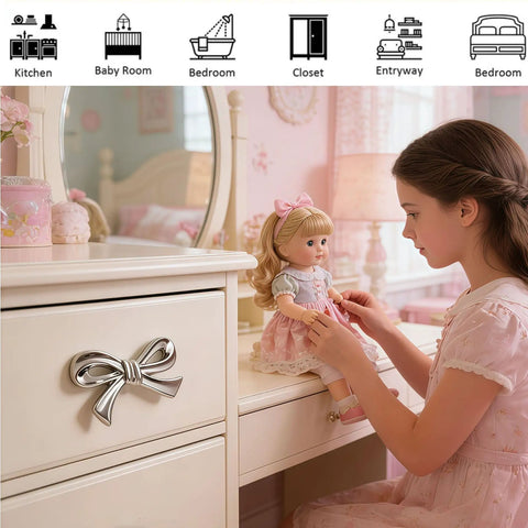 Girl playing with doll in room featuring Pink And Silver Bow Dresser Knobs For Kids Rooms, Zinc Alloy 3D Decorative Drawer Pulls.