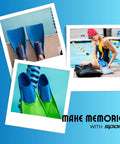 Collage of floating long-blade swim fins for training, including navy blue adult and kids flippers, poolside and in use with swimmer