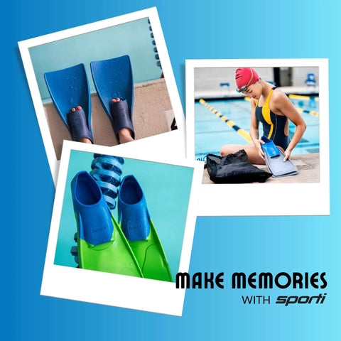 Collage of floating long-blade swim fins for training, including navy blue adult and kids flippers, poolside and in use with swimmer