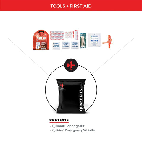 Tools and first aid items for One Person 72 Hour Survival Go Bag With Food And Water, First Aid, And Prep Tools For Disasters And Earthquakes