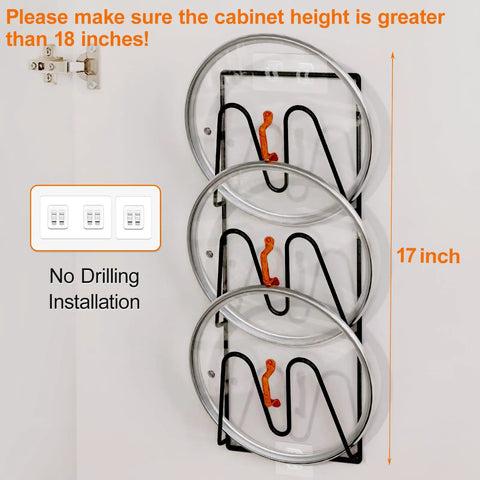 Two Pack Pot Lid Organizer Rack for Cabinet Door and Wall Mounts, Six Tier Lids Holder, Rustproof No Drill Adhesive Install, Easy Access and Space Saving Kitchen Storage, Classic Black, installed view with lids.