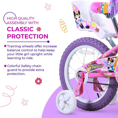 Girls 16 Inch BMX Bike With Training Wheels, Utility Basket And Streamers, Pink Kid Bike For Beginners Aged 4 To 9, Lightweight Steel Frame, Safe Brakes, Easy Start For First Time Riders, rear view