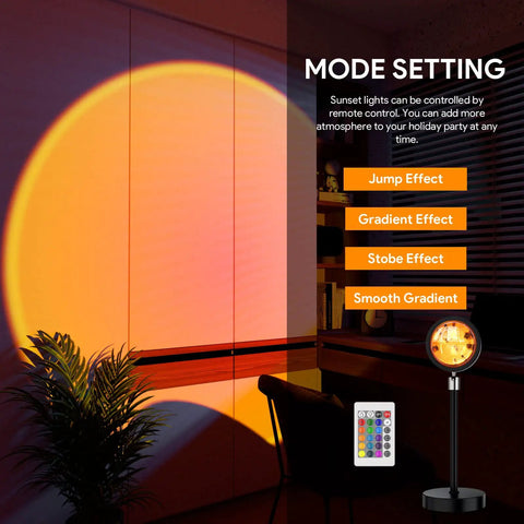Sunset Lamp With Remote And 360 Degree Rotation, RGB Multicolor Projection Night Light illuminating a room with mode settings visible