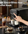 Fully Automatic Espresso Machine With Built In Adjustable Grinder And Auto Milk Frother Seven One Touch Brew Presets in black, brewing coffee drinks.