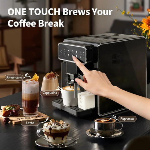 Fully Automatic Espresso Machine With Built In Adjustable Grinder And Auto Milk Frother Seven One Touch Brew Presets in black, brewing coffee drinks.