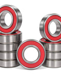 Ten pack of 6205 2RS deep groove bearings with double rubber seals ideal for skateboards, inline skates, and machinery.