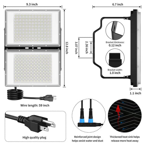 Dimensions and features of Crazy Bright 400W LED Flood Light With 40000LM, IP66 Waterproof Outdoor Security Lighting
