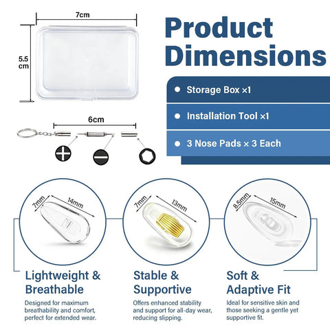 Top Shelf Screw In Silicone Nose Pads For Glasses 9 Pair Replacement Kit dimensions showing clear storage box and installation tool.