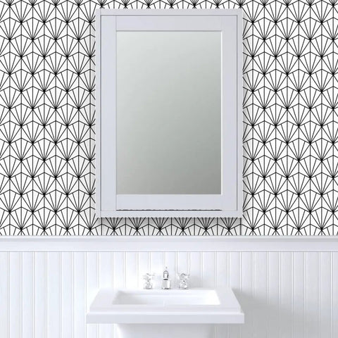 Top Shelf Black And White Pvc Free Type Ii Professional Wallpaper With Fresh Matte Linen Texture on bathroom wall with mirror