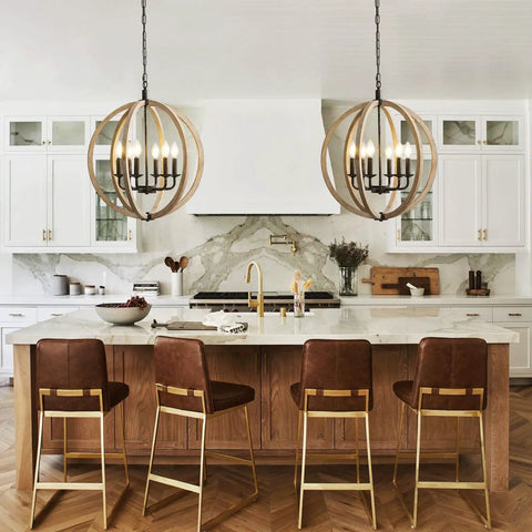 Six Light Orb Farmhouse Chandelier In Brown Wood Globe Handcrafted Solid Wood Light Fixture For Your Dining Room