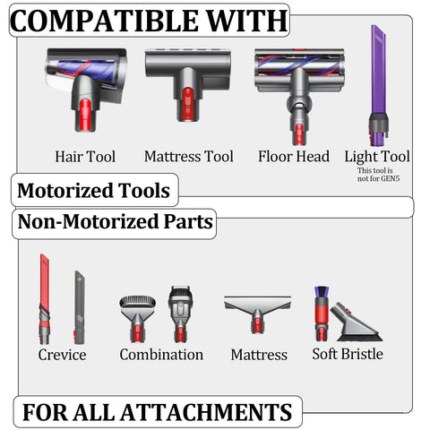 Image showing various attachments compatible with Extension Wand For Gen5 And V Series Dyson Vacuum Cleaners Extendable And Adjustable Replacement Tube Rod 20.5 To 29 Inches Not For Slim Models Compatible With Gen5 Outsize V8 V7 V10 V11 Vacuum Cleaners For No Fuss Home Upgrades And Quick Docking, including hair tool, mattress tool, and floor head.
