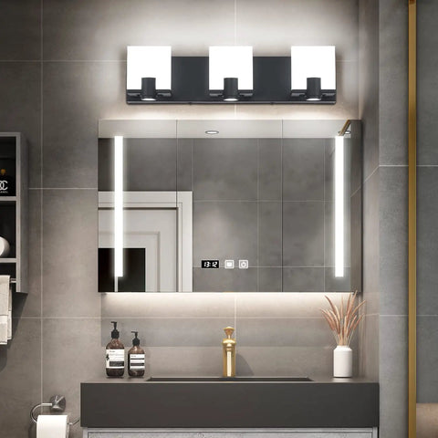 Matte Black 3 Light LED Vanity Fixture for Bathroom Over Mirror, White Acrylic Shades, Dimmable, IP44 Waterproof Wall Lighting, Modern Slick Vanity Bar