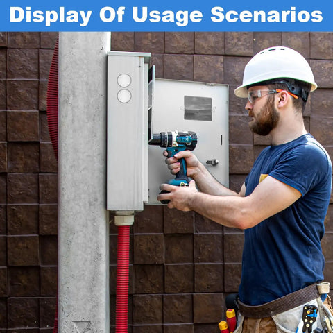 Worker using power drill near electrical box demonstrating Twelve Pack Half Inch Round Stainless Steel Electrical Box Knockout Plugs For Dead Nuts Secure Panel Sealing And Unused Outlet Closure Trade Grade Heavy Duty Hole Plugs That Lock Tight With No Sweat Setup For Pro Wiring Jobs.
