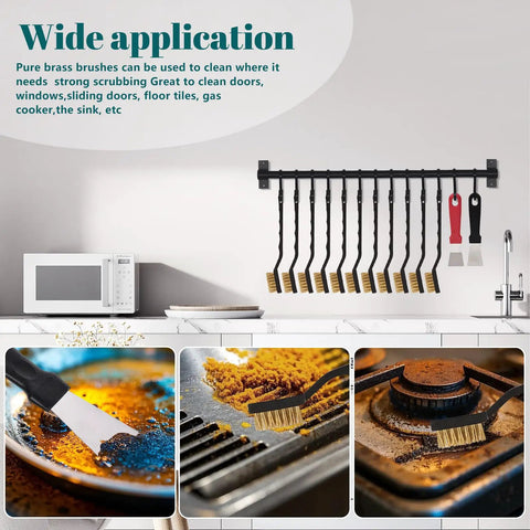 Kitchen wall with 12 Piece Mini Brass Brush Set With Curved Handles And 2 Cleaning Scrapers for metal and wood surfaces