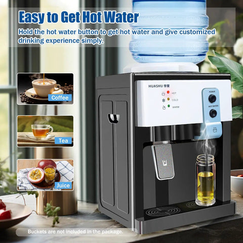 Hot Cold Countertop Water Dispenser With Three Temperature Settings For Instant Hot Ice Cold Or Room Temperature Water Your Go To Drink Station For 1.2 To 5 Gallon Jugs At Home Office Dorm Bedside, showing dispensing hot water into a glass with coffee, tea, juice options