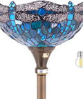 Tiffany Style Floor Lamp Green Stained Glass Dragonfly Torchiere 71 Inch Tall with Antique Bronze Base and LED Bulb